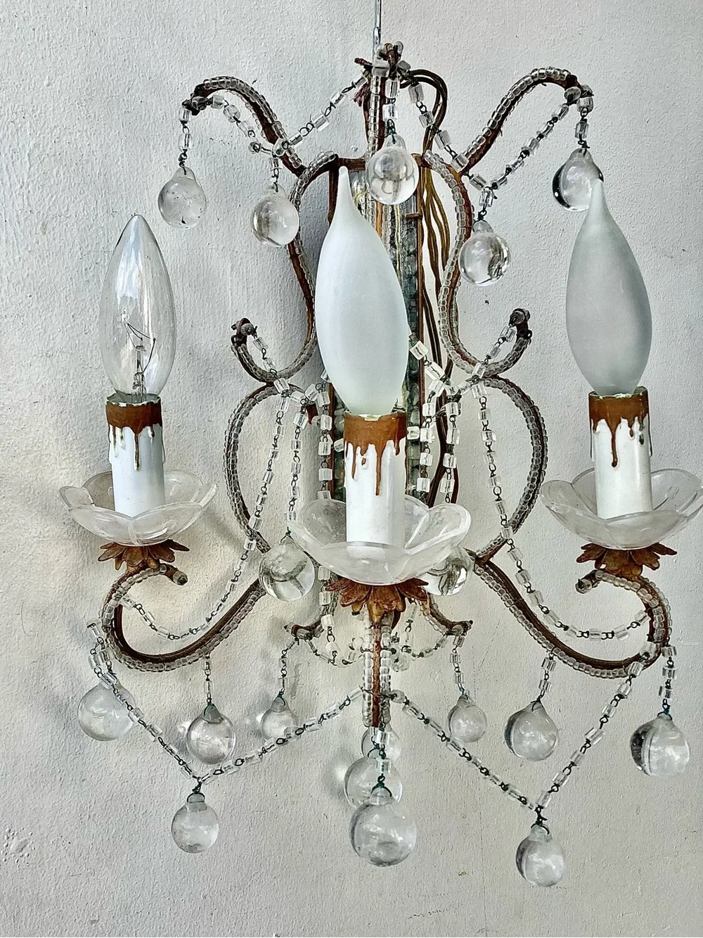 Vintage Italian Macaroni Beaded Glass 3 Light Wall Sconces Pair